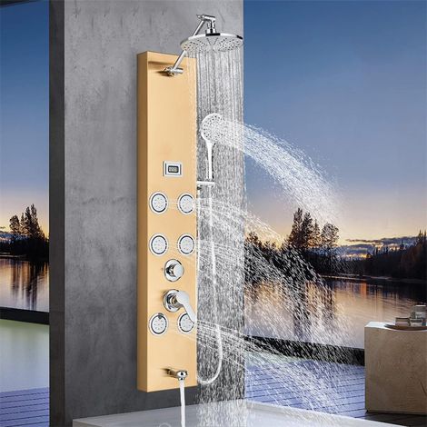 de douche, acier inoxydable, panneau de douche 3 fonctions, 5 sorties d'eau, robinet de baignoire, buse de massage, or (1/5)