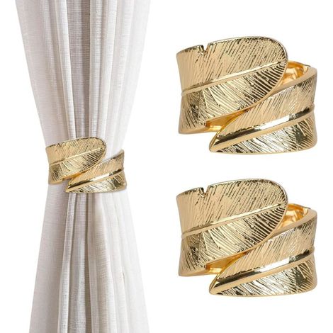 Juego de 2 alzapaños metálicos con forma de pluma, clips para sujetar cortinas para el hogar y la oficina, alzapaños decorativos clásicos de color dorado.
