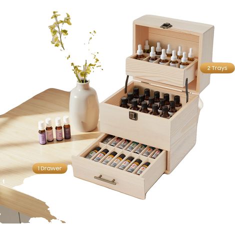Caja expositora para aceites esenciales, 59 compartimentos, diseño de 3 niveles, ligera, fabricada en madera de pino, dimensiones 21,5 x 18,5 x 24,5 cm. (1/5)