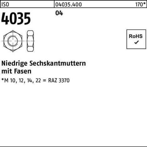 Écrou hexagonal ISO 4035 bas chanfrein M18 Acier de décolletage 100 pièces