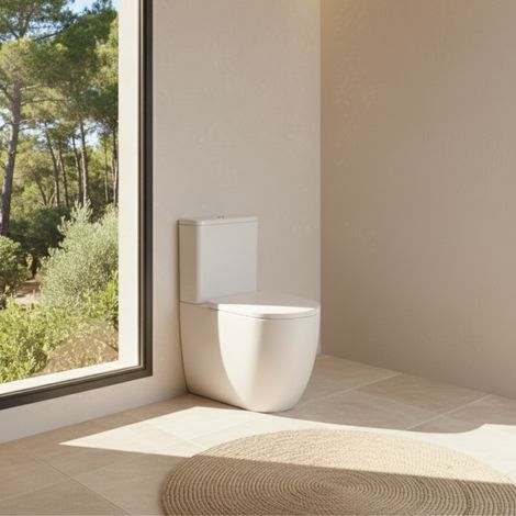 SOULHOME Pack Inodoro Completo Rimless Curvo Blanco Mate Tapa Amortiguada Salida Horizontal/Vertical Doble Descarga Eco Pulsador Cromo (1/5)