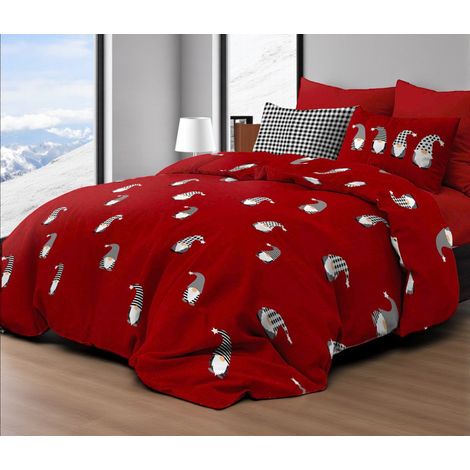 Housse de couette des elfes de Noël rouges - Parure de lit d'hiver 100 % coton - motif de Noël chaud et douillet SIMPLE 1 CARRÉ