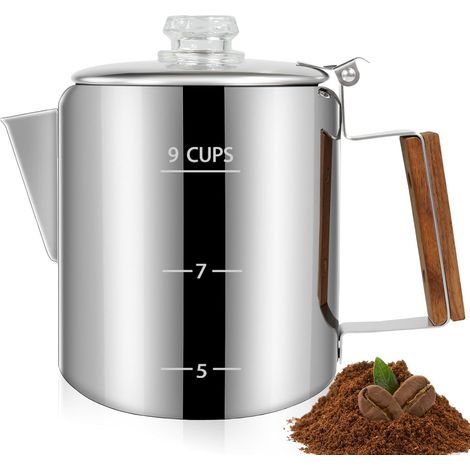 Percolateur à 9 tasses en acier inoxydable 304 avec poignée en bois massif et bouton transparent pour cuisinière à induction, maison et camping, 1500 ml (1/5)