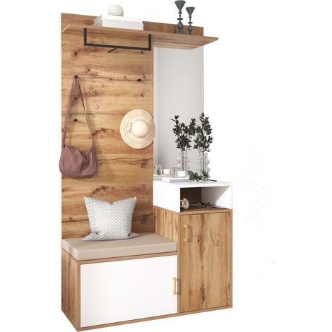 portemanteau avec miroir et rangement MDF et Particle Board Blanc et Bois 105.00 x 40.00 x 190.50 (1/5)