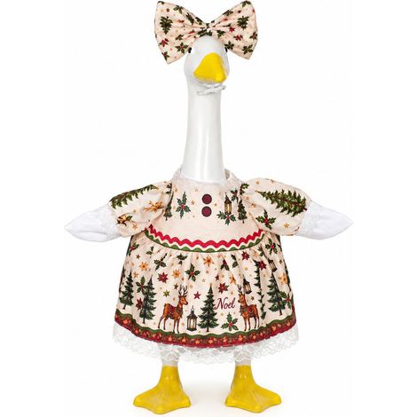 Costume de Noël vintage Renne pour statue d'oie de jardin, robe imprimée et coiffe avec grand nœud (1/4)