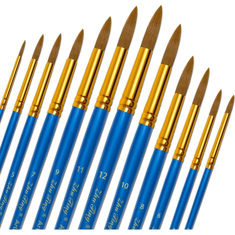 12 Pièces Nylon Pinceaux Peinture Acrylique, Artiste Pinceau Set pour Aquarelle Gouache Peinture à l'huile, Art Paint Brush Ronds Pointus Langue de Chat Ovale Lavage (Bleu) (1/5)
