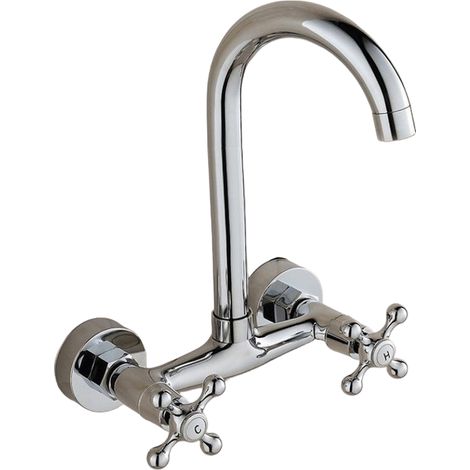 Bagnoclic – Robinet mural de cuisine – Bec à parapluie 27 cm – Laiton chromé – Entraxe 15 cm – Pivotant pour usage intensif