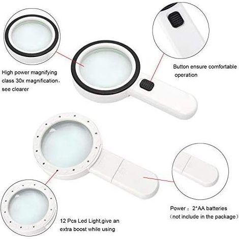 MINKUROW Lupa De Lectura Lupa Iluminada 30x Luces De Lupa Con 12 Led Lupa De Lectura De Alta Potencia Lupa De Lectura Para Personas Mayores, Inspección, Hobby, Manualidades, Relojero, Monedas, Sellos, (1/5)