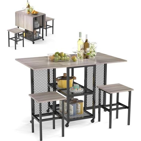 CASART Drop Leaf Bar Table Set 3 Piece Folding Dining Table Set w/2 Stools (1/5)