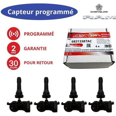 4 sensori TPMS 433MHz preprogrammati per Chrysler/Jeep/Dodge/Fiat – rif 68313387AC/AA