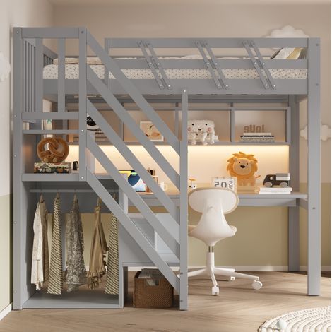 Letto a soppalco 205x143.5x170 cm con scrivania, scala contenitore, luci LED, legno grigio (1/5)
