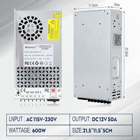 12V 50A 600W Universal Switching Power Supply AC to DC Transformer Converter for LED Strip Light, Amplifier, Machine, 230V 220V to 12Volt (1/4)