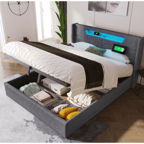 Bett Doppelbett Stauraum 160x200 Leinen Grau OKMYHOME