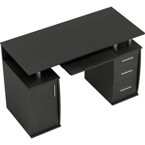 Bureau d'ordinateur - 120 x 55 cm, noir - Bureau informatique avec plateau pour clavier et 3 tiroirs - Pour chambre, domicile - Design pratique et gain de place (1/5)