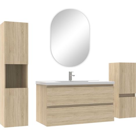 Ocean ensemble meubles Salle de Bain 100cm simple vasque + colonne + miroir ovale mural Chêne Wotan