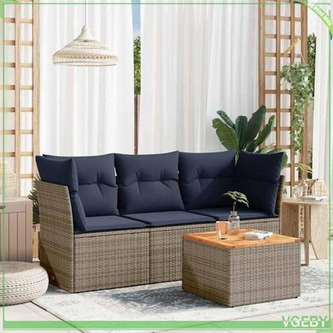 Salon de jardin - Modèle 3255802 - Résine tressée gris - Coussins déhoussables bleu marine - Rangement sous assise (1/5)