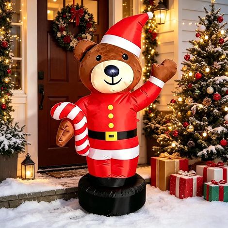 Ours gonflable de Noël 1,8 m en costume de Père Noël avec canne à sucre, Décoration extérieure (1/5)