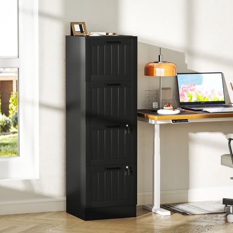 Caisson bureau, meuble rangement bois 4 tiroirs et serrure, barres de suspension réglables, 40 x 40 x 131 cm, noir (1/5)