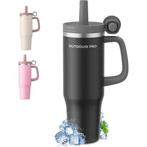 Mug Isotherme 1200ml - Acier Inoxydable - Avec Paille Et Poignée - Couvercle Étanche - Pour Voiture Et Bureau - Noir (1/5)