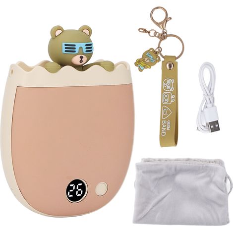 Chauffe-mains double face chauffante deux niveaux réglables mini portable mignon dessin animé brun avec porte-clés (1/5)