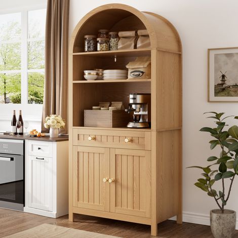 Armario alto (76x40x180 cm), con estantes abiertos, cajón central, puertas dobles, MDF y tablero de partículas natural (1/5)