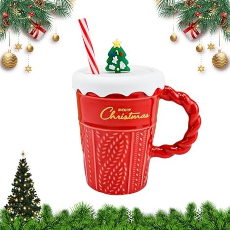 Tasse à Café de Noël en Céramique 400ML Tasse Kawaii pour Café Mug en Céramique de Noël 3D avec Couvercle et Paille Tasse de Noëls en Céramiques Tasses Mignonnes pour Cadeau de Noëls (1/5)