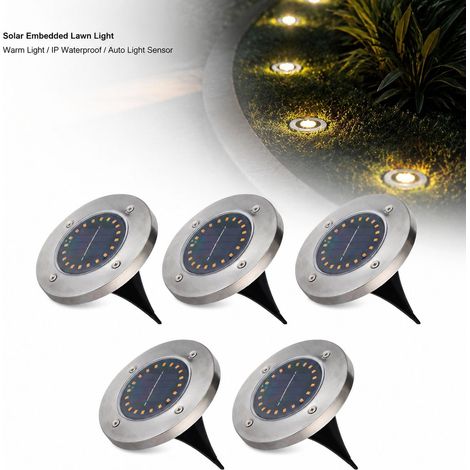 Toivize-Lot de 5 Lampes Solaires Encastrables 20 LED - Inox - Chaud - Jardin Pelouse Extérieur Étanche Automatique Lumière Solaire (1/4)