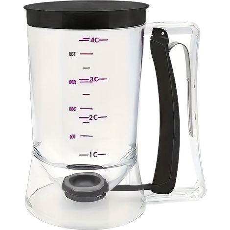 Dispensador de masa profesional para cocina con marcas, fabricado en plástico transparente, herramienta manual para hornear panqueques y waffles (negro). (1/5)