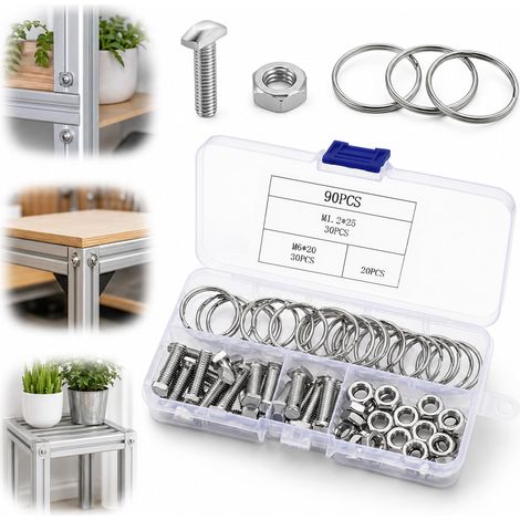 Kit Vis Marteau Type T 90 Pièces, 30 Vis M6 x 20, 30 Écrous M6 304 et 30 Anneaux Inox 1,2 x 25 mm Avec Boîte 10 Cases (1/5)