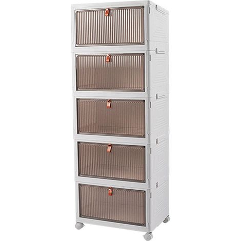 LEDANDER Armoire de rangement pliable à 5 niveaux avec roulettes, organisateur empilable en plastique avec portes magnétiques transparentes,39x28x103CM (1/5)