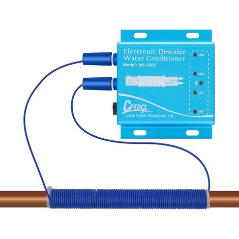 Système de détartrage électronique de l'eau, détartrant sans sel, réduire l'accumulation de tartre, pour tous les types de tuyaux hydrauliques (bleu) (1/5)