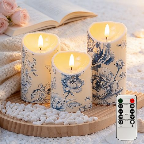 Ensemble de 3 bougies LED sans flamme à motif floral bleu et blanc (avec télécommande) - imitation bougies cylindriques (1/5)
