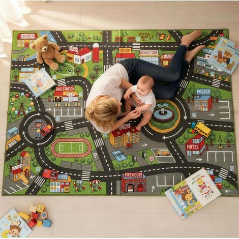 Alfombra de juego infantil 200 x 150 x 0,5 cm antideslizante, motivo ciudad, gris OKMYHOME (1/5)