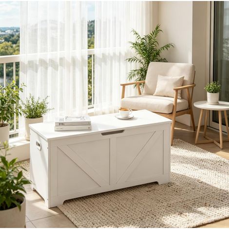 Banco baúl 100/40/47 cm blanco con almacenaje de 76 L y tapa con bisagras (1/5)