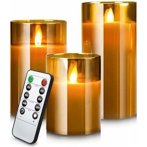 Lot de 3 bougies LED sans flamme – Bougies piliers en verre doré – Flamme vacillante avec télécommande et minuterie – Décoration sécurisée (1/5)