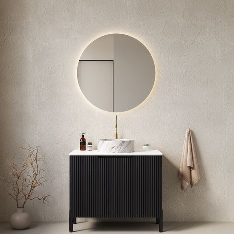 Meuble lave-mains sur pied 76 cm en céramique, pierre frittée et MDF noir avec vasque ronde blanche (1/3)