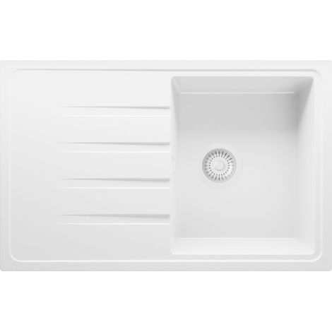 PRIMAGRAN Evier Cuisine en Granit 78x50cm, Lavabo 1 bac + Kit de Vidage, Évier à Encastrer au meuble 45cm - Milan, Tout Blanc