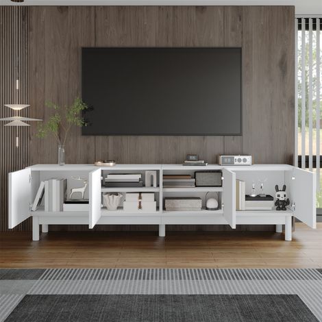 Meuble TV bas avec portes incurvées ondulées, étagères et support stabilisé par des pieds solides (1/5)