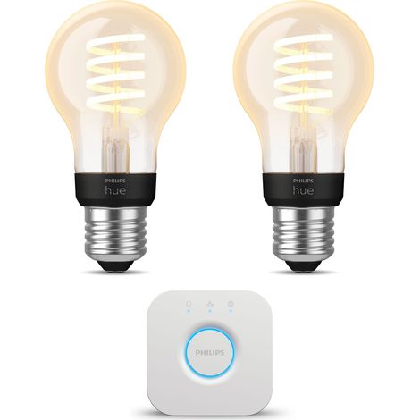 Philips Hue Kit de démarrage E27 avec 2 Ampoules Standard à filament (A60) Lumière blanche chaude à froide - Comprend 1 Bridge - White Ambiance (1/5)