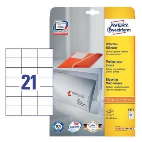 Avery Papier adhésif permanent blanc 70 x 42.3 mm 525 étiquette(s) (25 feuille(s) x 21) étiquettes multi-emploi