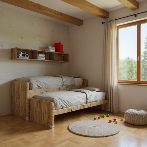 Coppia letti singoli scorrevoli con ruote e contenitori - Made in Italy - Quercia