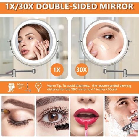 8 Pouces Miroir Grossissant Lumineux Mural x30, Miroir Grossissant Mural avec 3 Modes de Couleur, 1X/30X Grossissement Charge USB, Écran Tactile, 360° Pivotant et Extensible pour Salles de Bain (1/5)