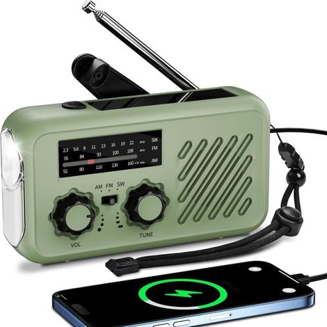 Radio Portable Urgence, AM/FM/SW Radio a Piles Survie, Radios Solaire Rechargeable à Manivelle avec Alarme SOS, 2000mAh Powerbank, Lampe de Poche, Lampe Lecture LED (1/5)