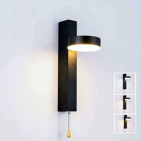 Applique Murale Led 9W Tricolore Sélectionnable avec Interrupteur à Tirette Rotatif à 360° Luminaire Mural Led Intérieur