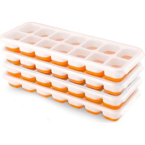 Lot de 4 bacs à glaçons en silicone avec couvercle, peu encombrant et empilable, certifié LFGB et sans BPA, bacs à glaçons carrés faciles à retirer Orange (1/5)