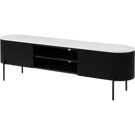 Meuble TV Manguier noir / blanc laqué 220x36x51 cm partiellement assemblé BARCELONA 112 (1/3)