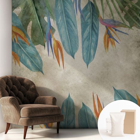 Papier peint intissé mural avec imprimé motifs décoratifs - style contemporain - Colle incluse gratuite Fleurs tropicales 250x250 cm (1/5)