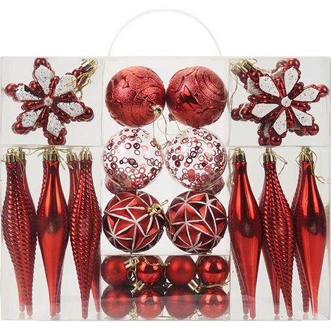 Set of 40 shatterproof plastic Christmas ornaments - For Christmas trees, holidays, weddings, parties - Red