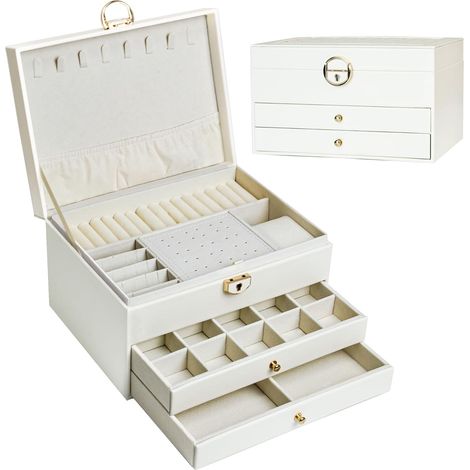 Boîte à bijoux à trois étages avec design linéaire Cadeau d'anniversaire et de vacances Pour femme fille et amie Blanc (1/5)