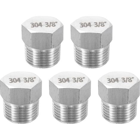 Tapón de manguera de acero inoxidable 304 de 5 piezas, rosca externa macho de 3/8", tapón de cabeza hexagonal, accesorios para tuberías de aire, agua, aceite y gas.